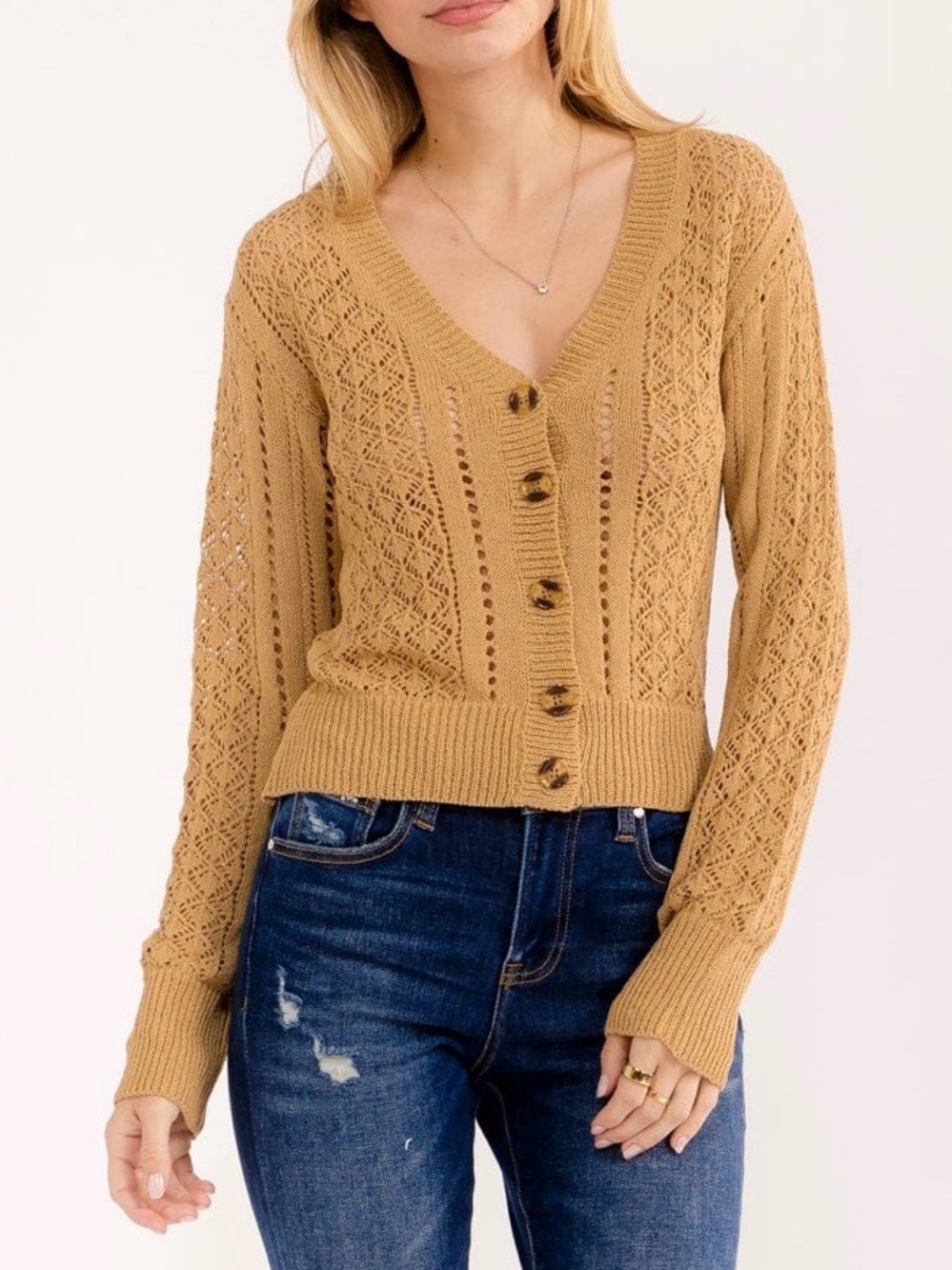 New EB Luxe crochet trim cardigan sweater camel S M L🌺